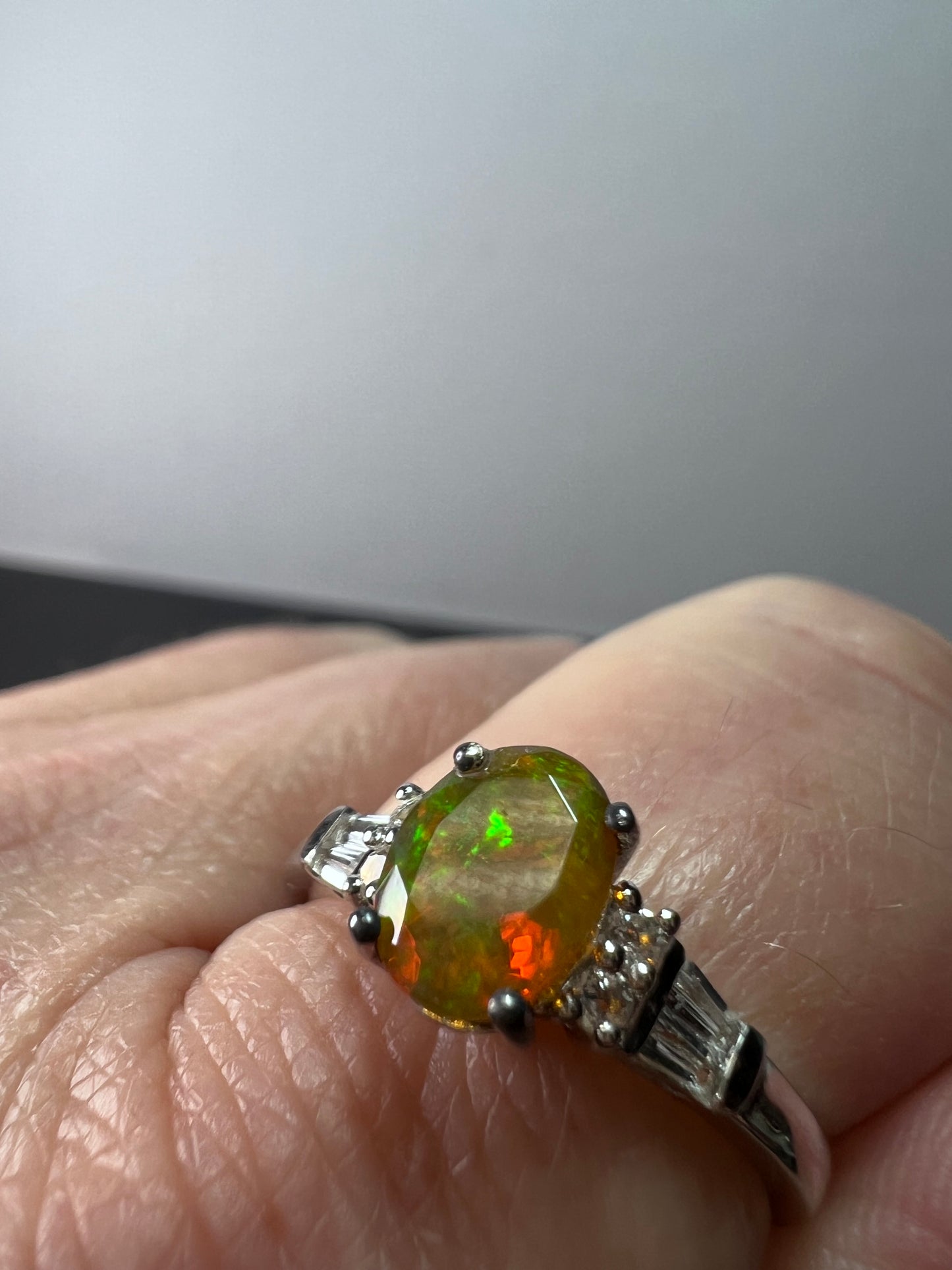 Ethiopian opal and white topaz sterling silver ring size 9