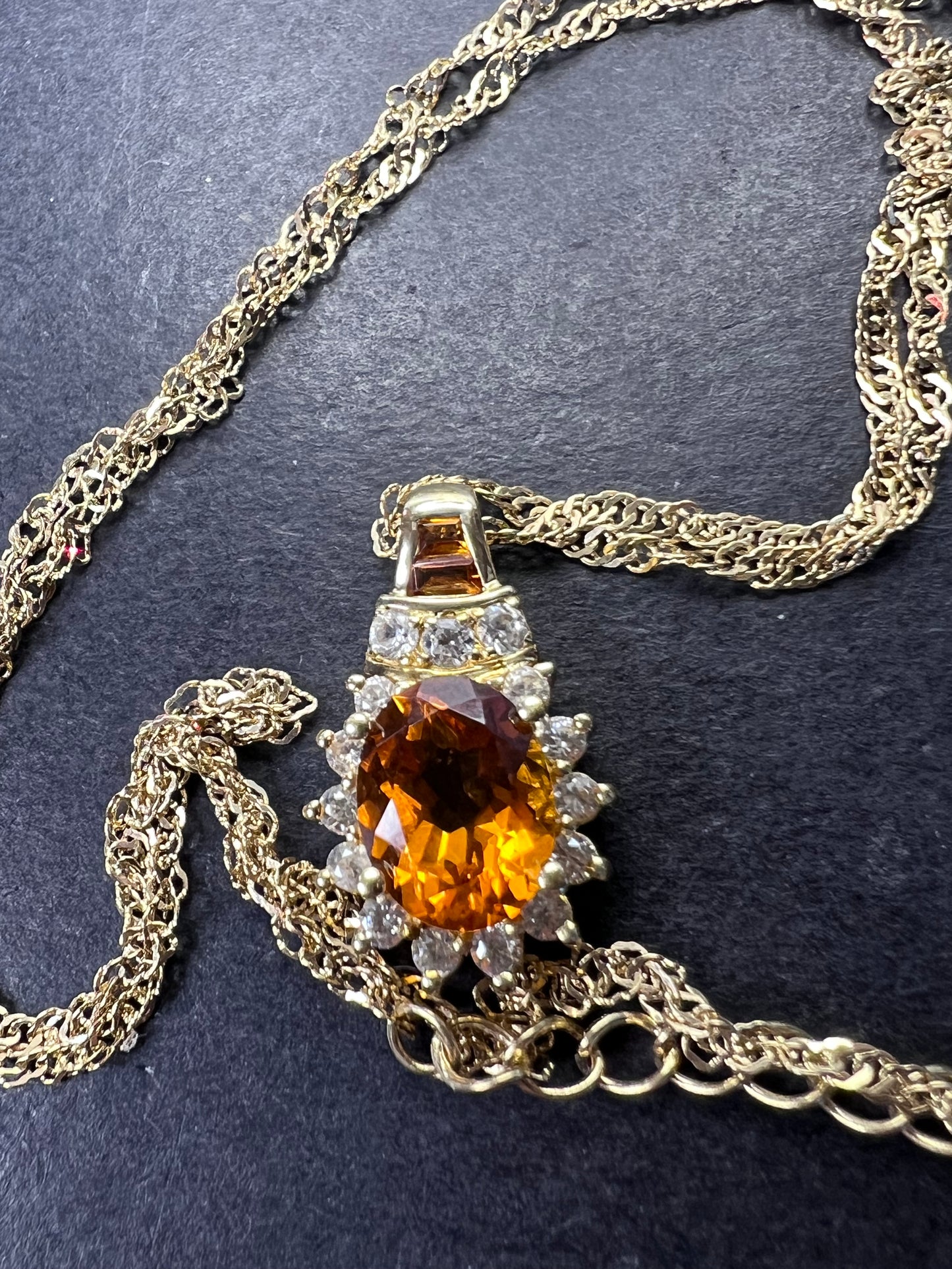 Mandarin citrine and white topaz halo pendant necklace in 14k gold over sterling silver