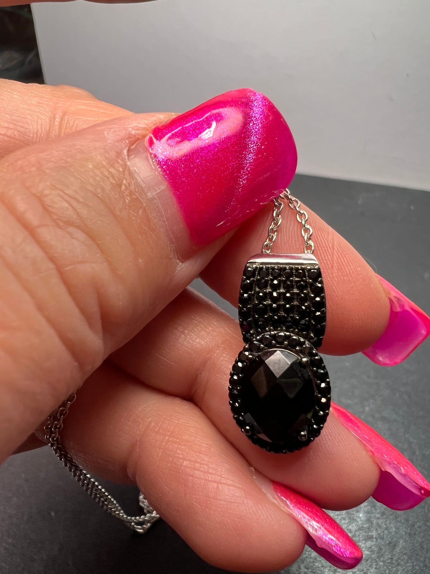 Black spinel pendant and chain necklace in rhodium over sterling silver