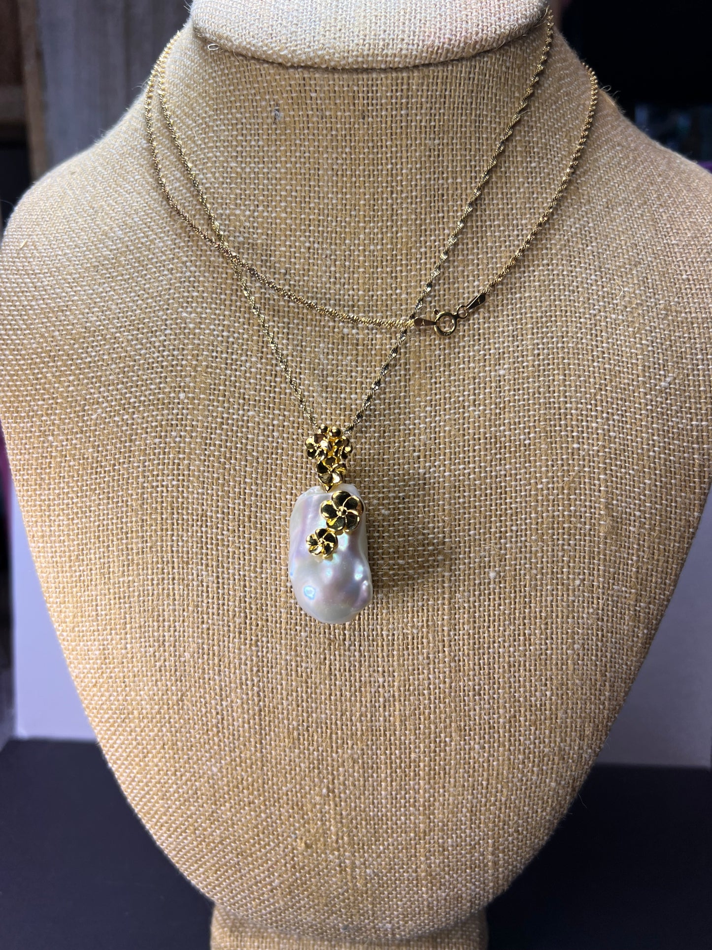 Baroque pearl floral pendant necklace with 30 inch gold over sterling silver chain