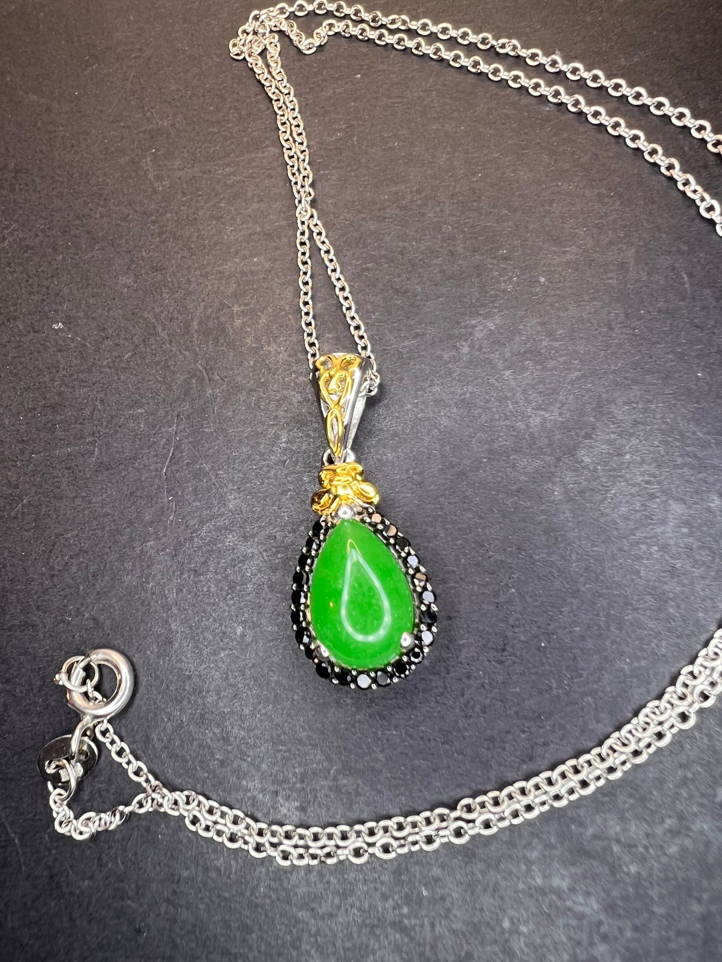 Green Jade and black spinel teardrop two toned sterling silver pendant and chain necklace