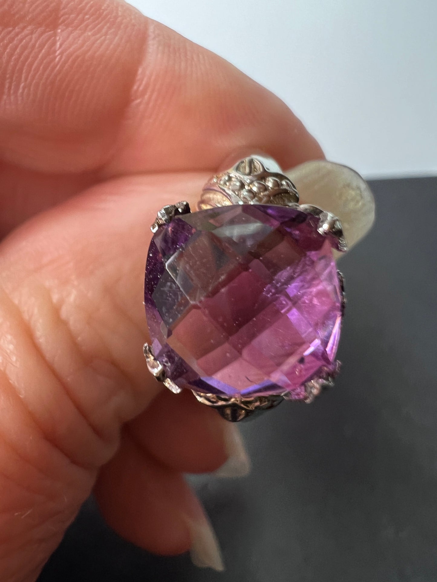 Amethyst cathedral crown setting sterling silver solitaire ring size 9