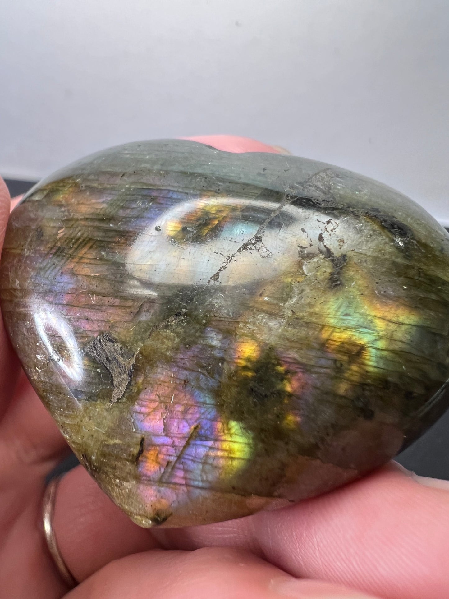 Labradorite heart with pink purple flash