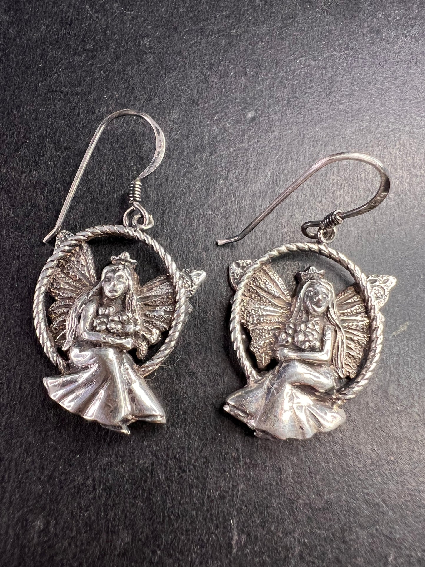 Vintage Sterling Silver Fairy Earrings • Detailed Wings & Floral Motif