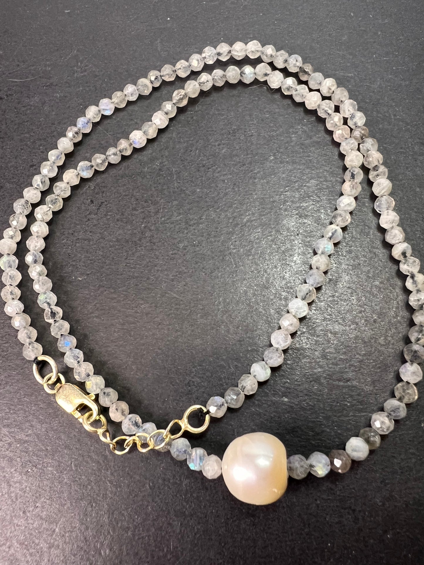 Labradorite and cultured pearl necklace with sterling silver lobster claw clasp