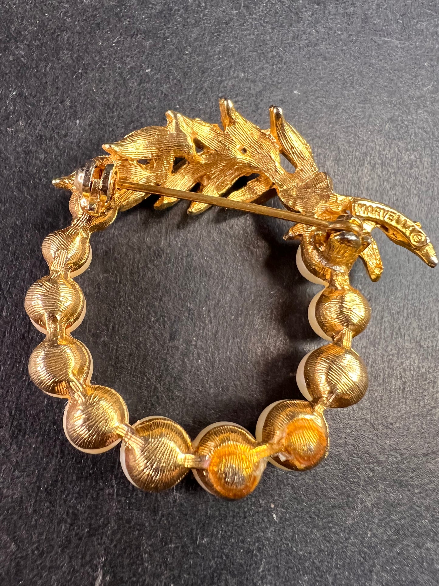 Vintage Marvella Faux Pearl Gold Tone Wreath Brooch Mid Century