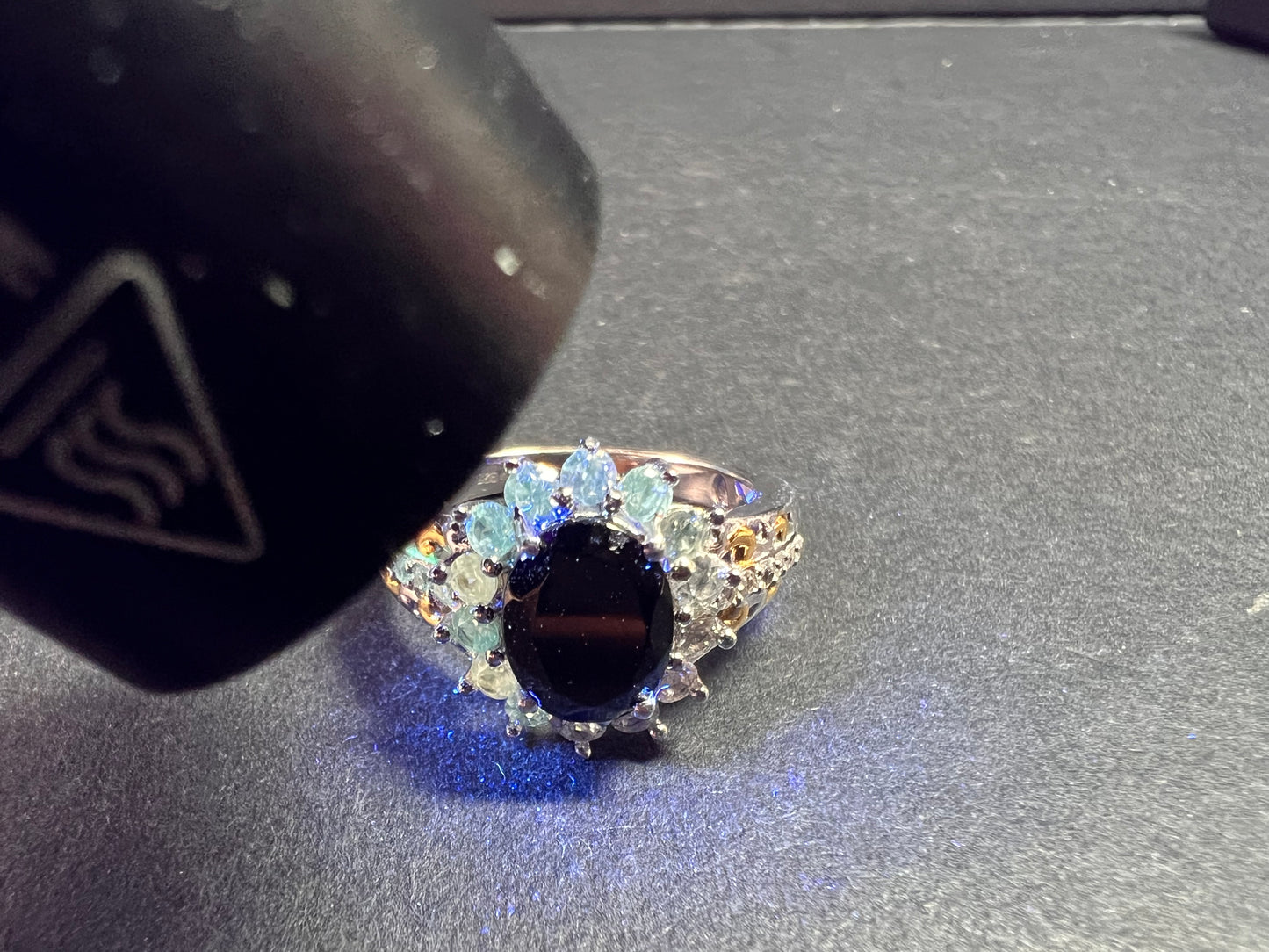 NEW Elite Shungite and zircon halo ring in vermeil and rhodium over sterling silver size 8