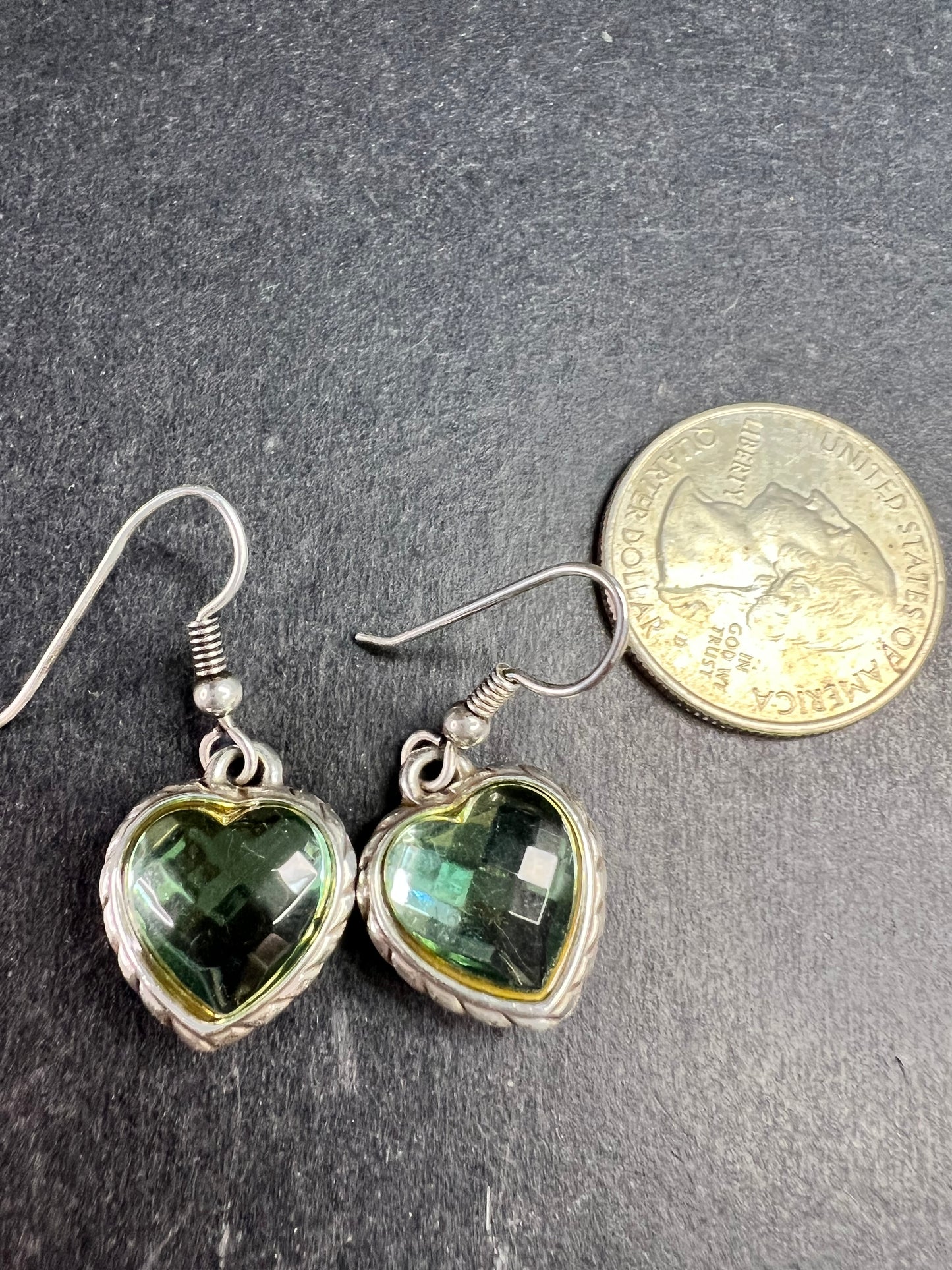 Vintage 90s Sterling Silver Green Glass Heart Earrings Gold Accent 925 Dangle