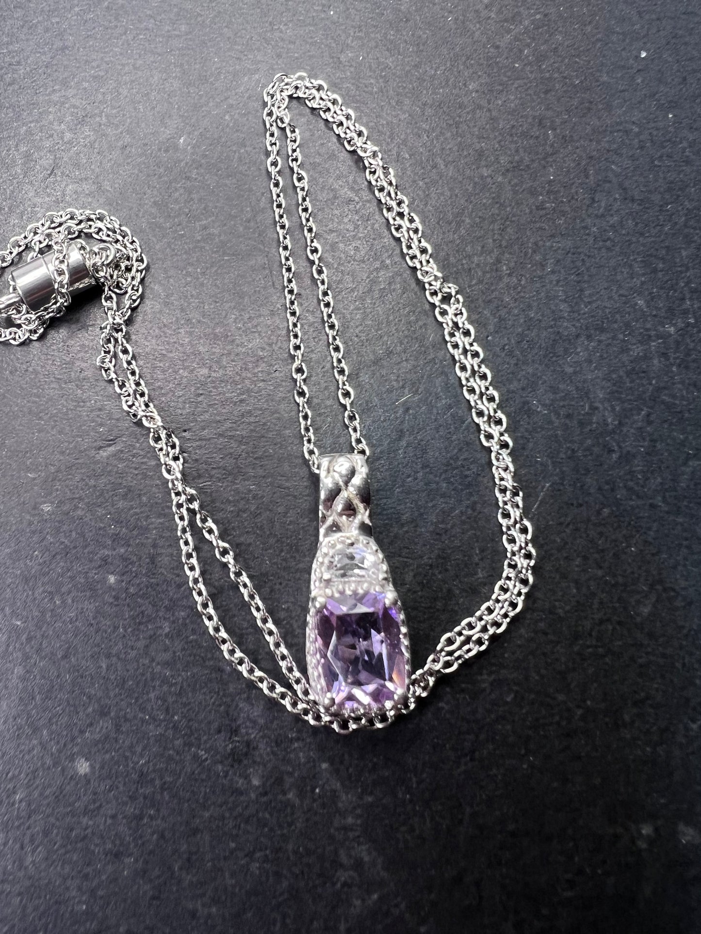 Rose de France amethyst and white topaz sterling silver pendant with stainless steel chain