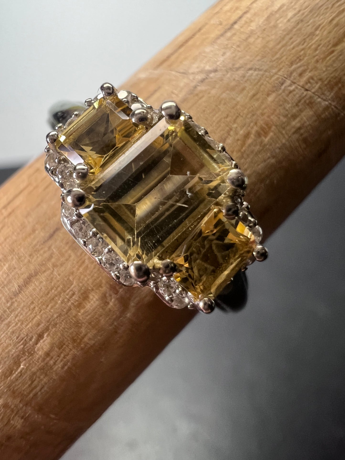 Citrine triple baguette halo ring in sterling silver size 7