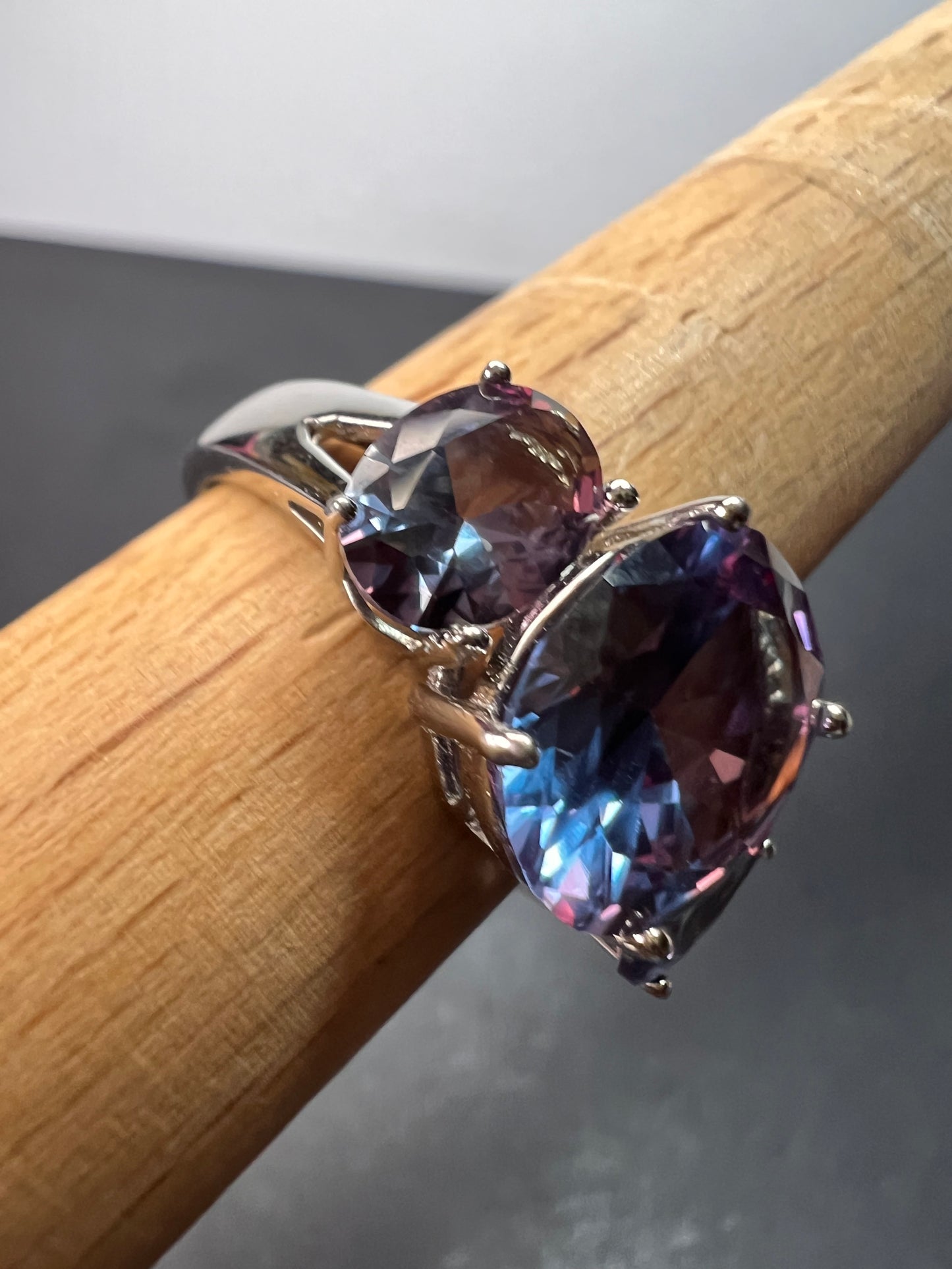 Lab created alexandrite trilogy ring in rhodium over sterling silver size 9