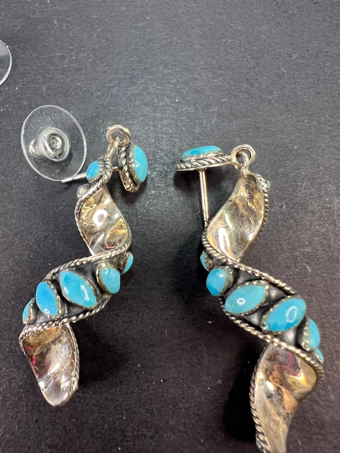 Santa Fe style Kingman turquoise swirl twisted drop sterling silver earrings