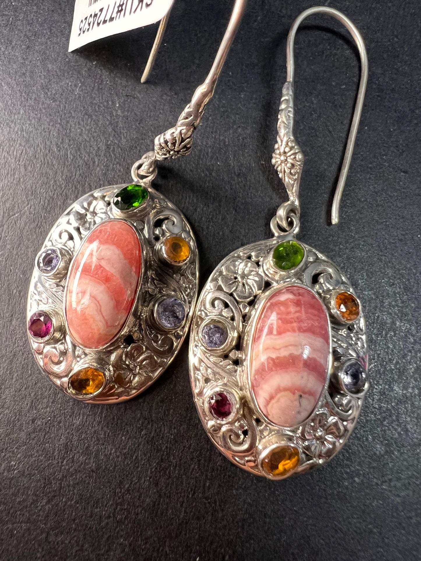 NEW Bali rhodochrosite multi gem sterling silver earrings
