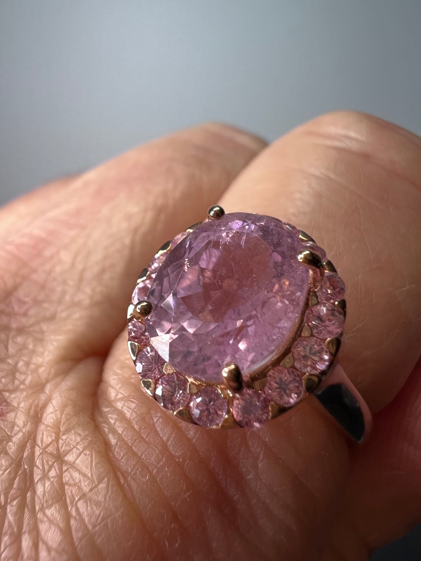 Kunzite and pink sapphire halo ring in sterling silver size 9