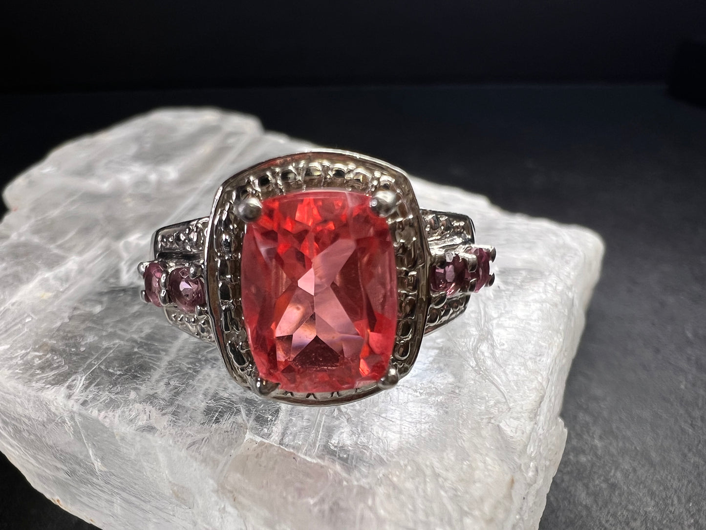 Sterling Silver Peach Red Quartz Doublet & Pink Tourmaline Ring 8.75