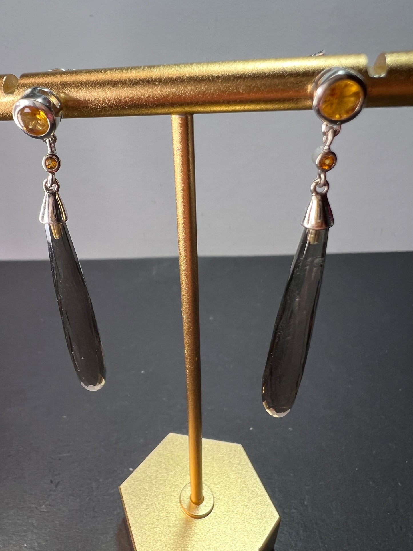 Smoky quartz and citrine sterling silver long dangle earrings