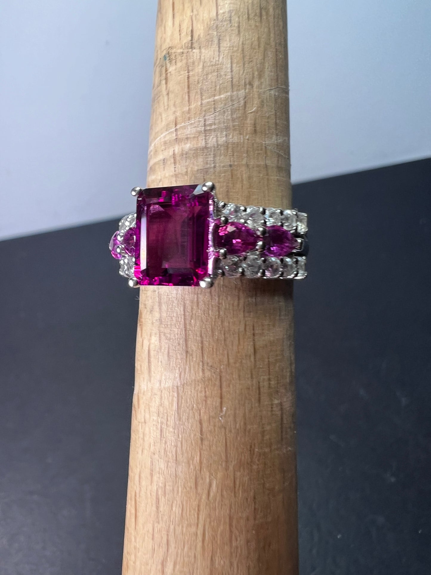 Lab pink tourmaline and white topaz statement ring size 8