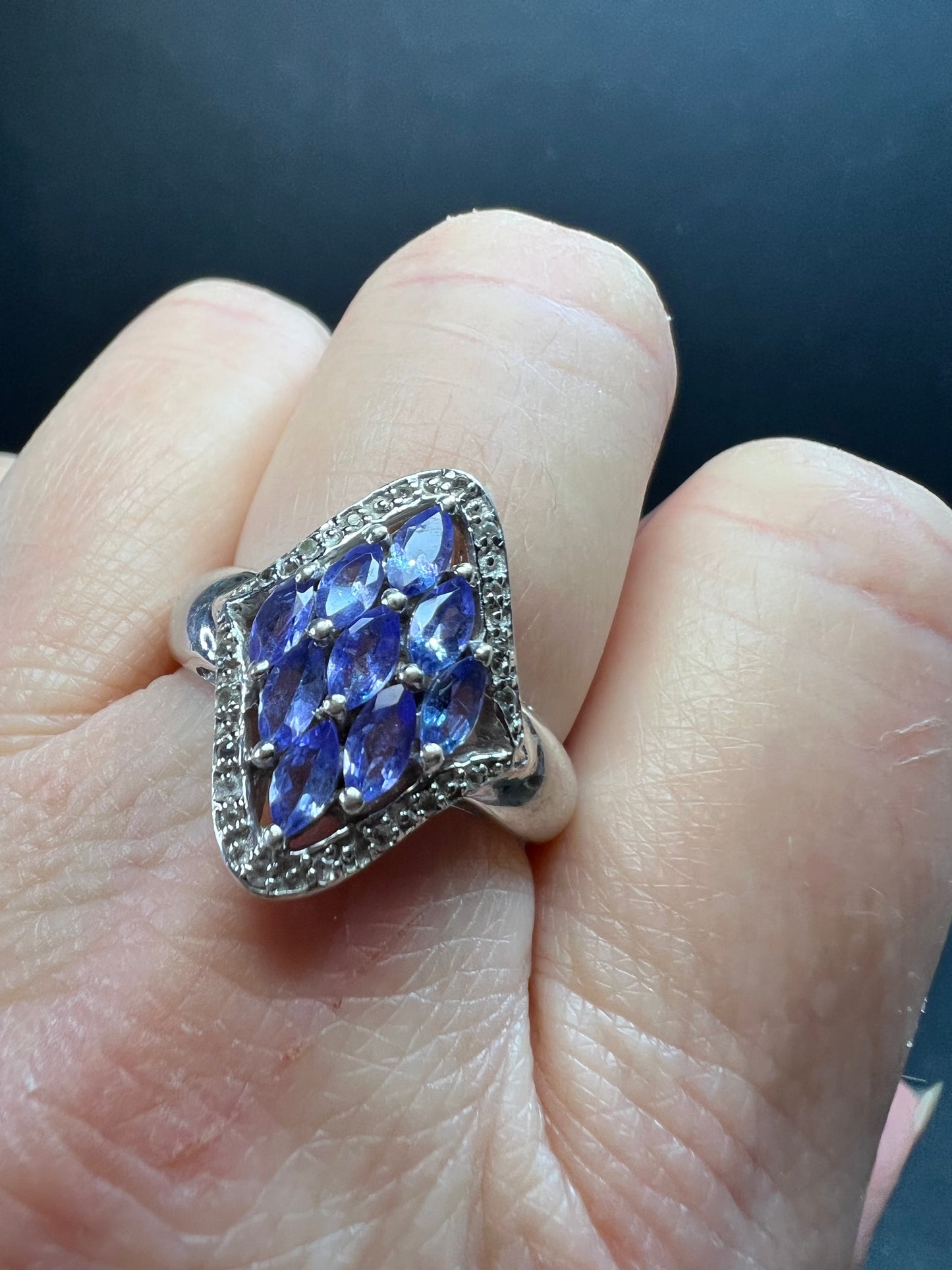 Vintage Tanzanite Diamond Sterling Silver Marquise Ring Size 9