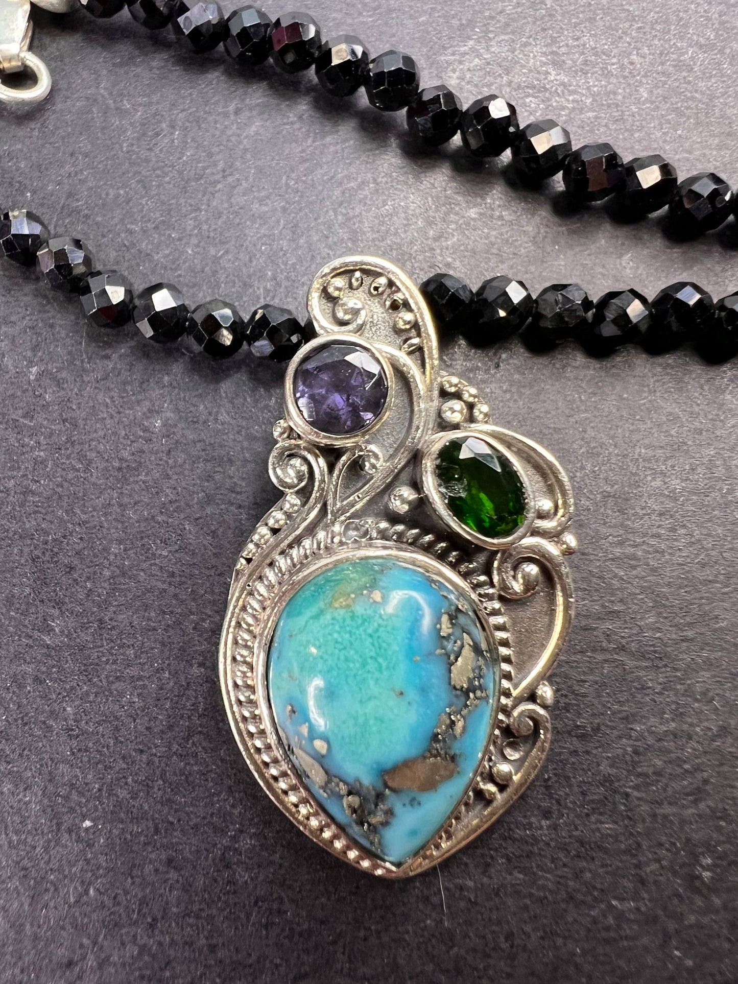 Black spinel and turquoise multi gem sterling silver pendant necklace