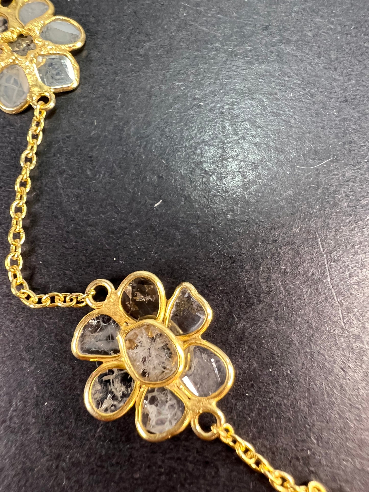 Polki diamond flowers station necklace in vermeil yellow gold over sterling silver