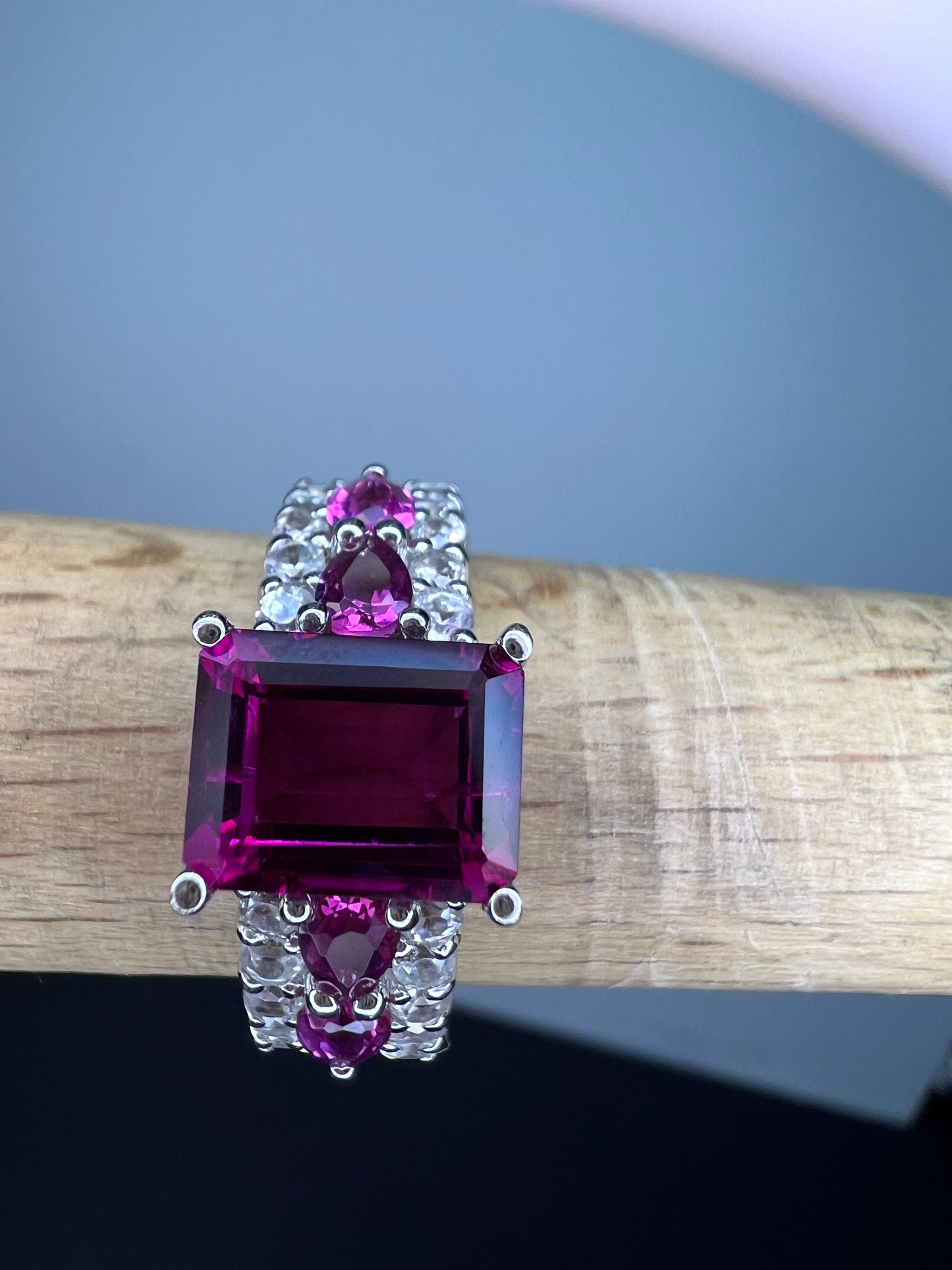 Lab pink tourmaline and white topaz statement ring size 8