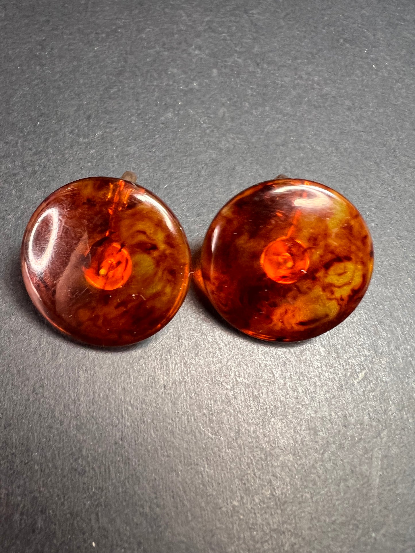 Vintage root beer Bakelite clip on button earrings