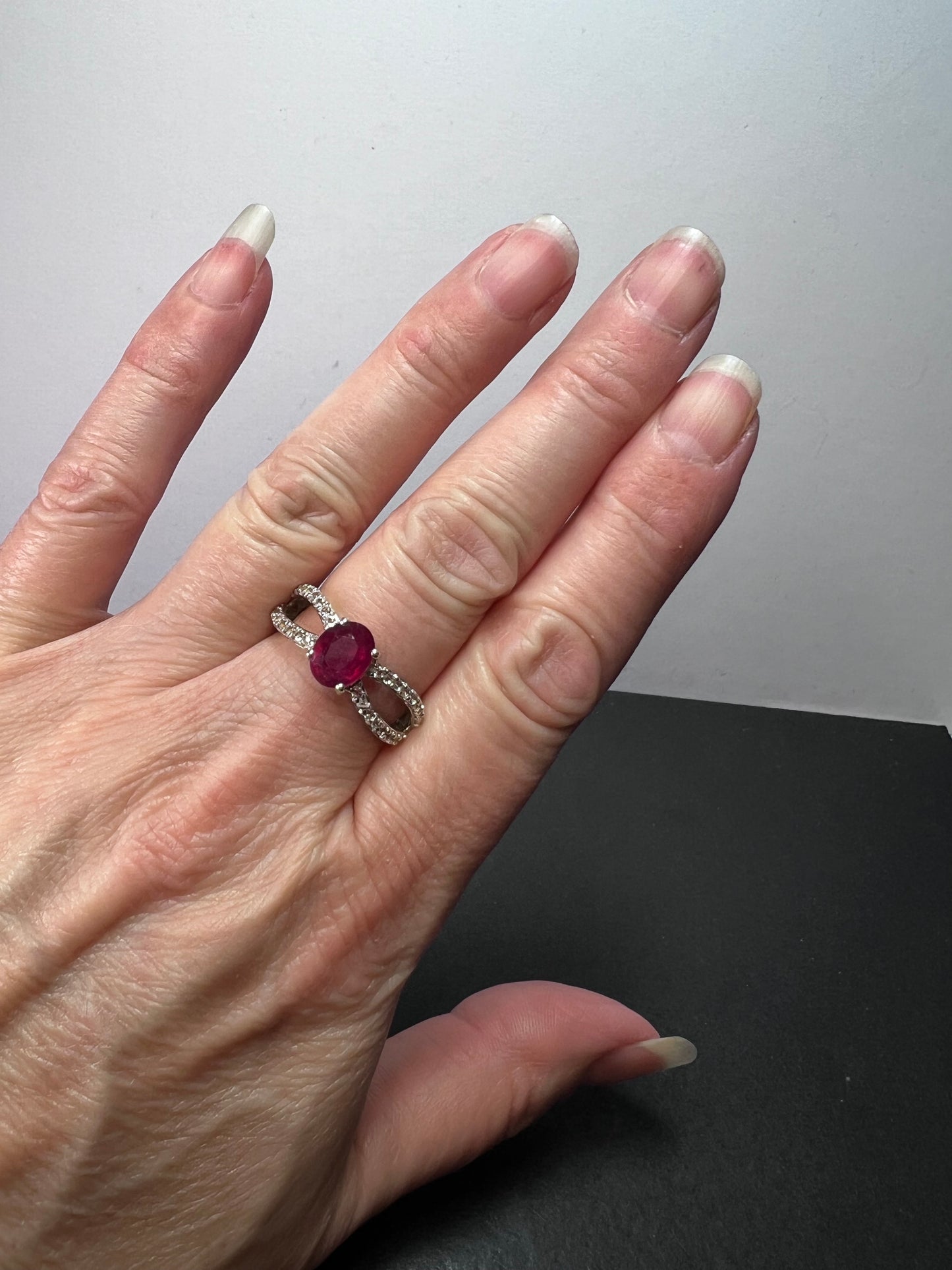 Ruby and zircon crisscross sterling silver ring size 9