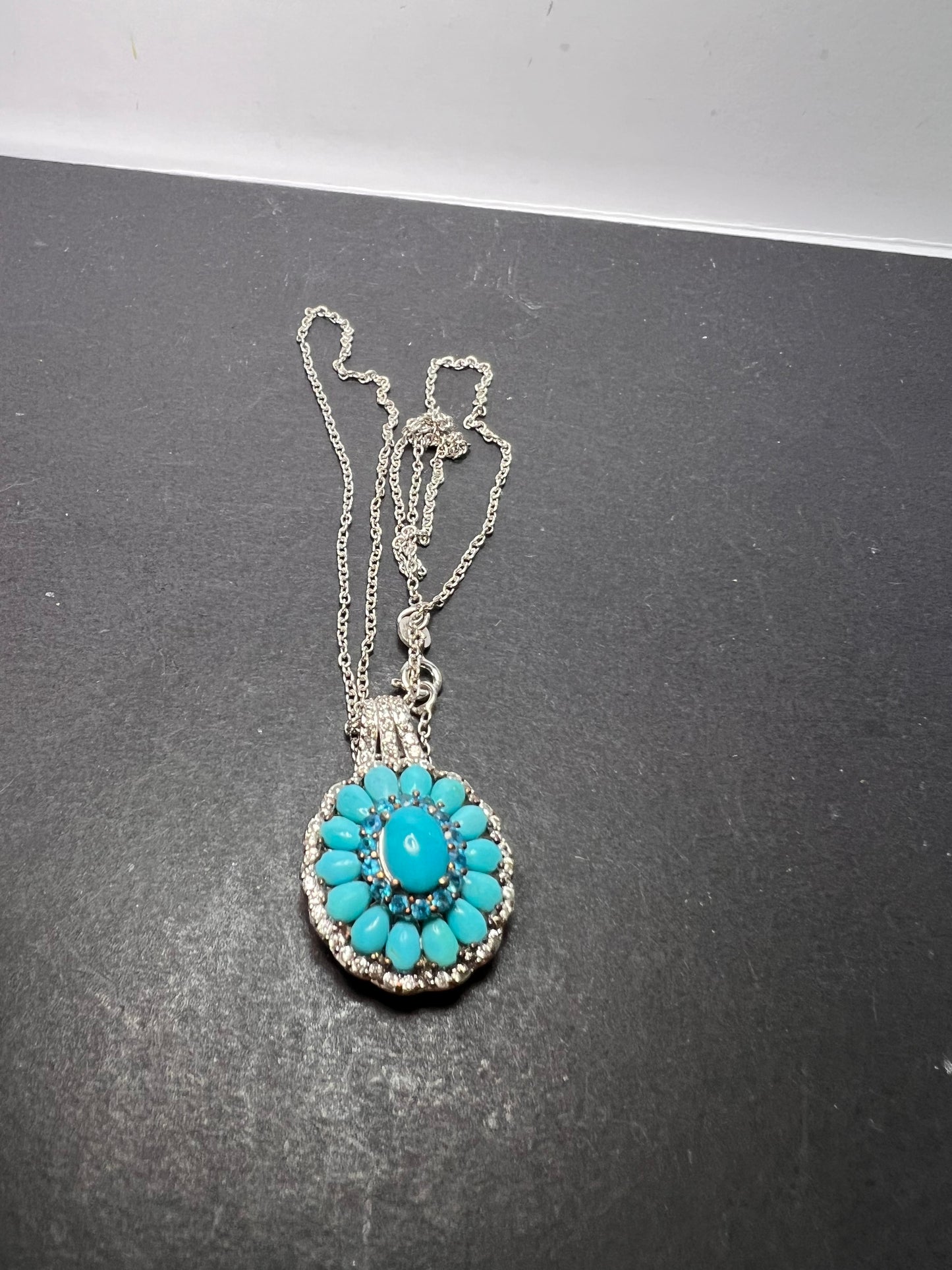 Turquoise and neon blue apatite halo sterling silver necklace with chain