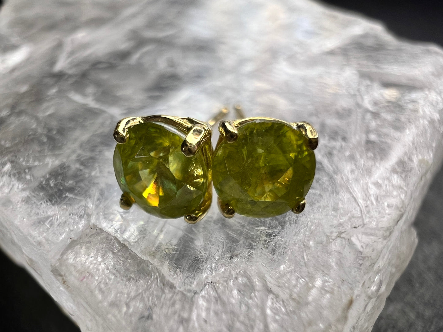 Rare Sphene Titanite Stud Earrings in 14k Yellow Gold