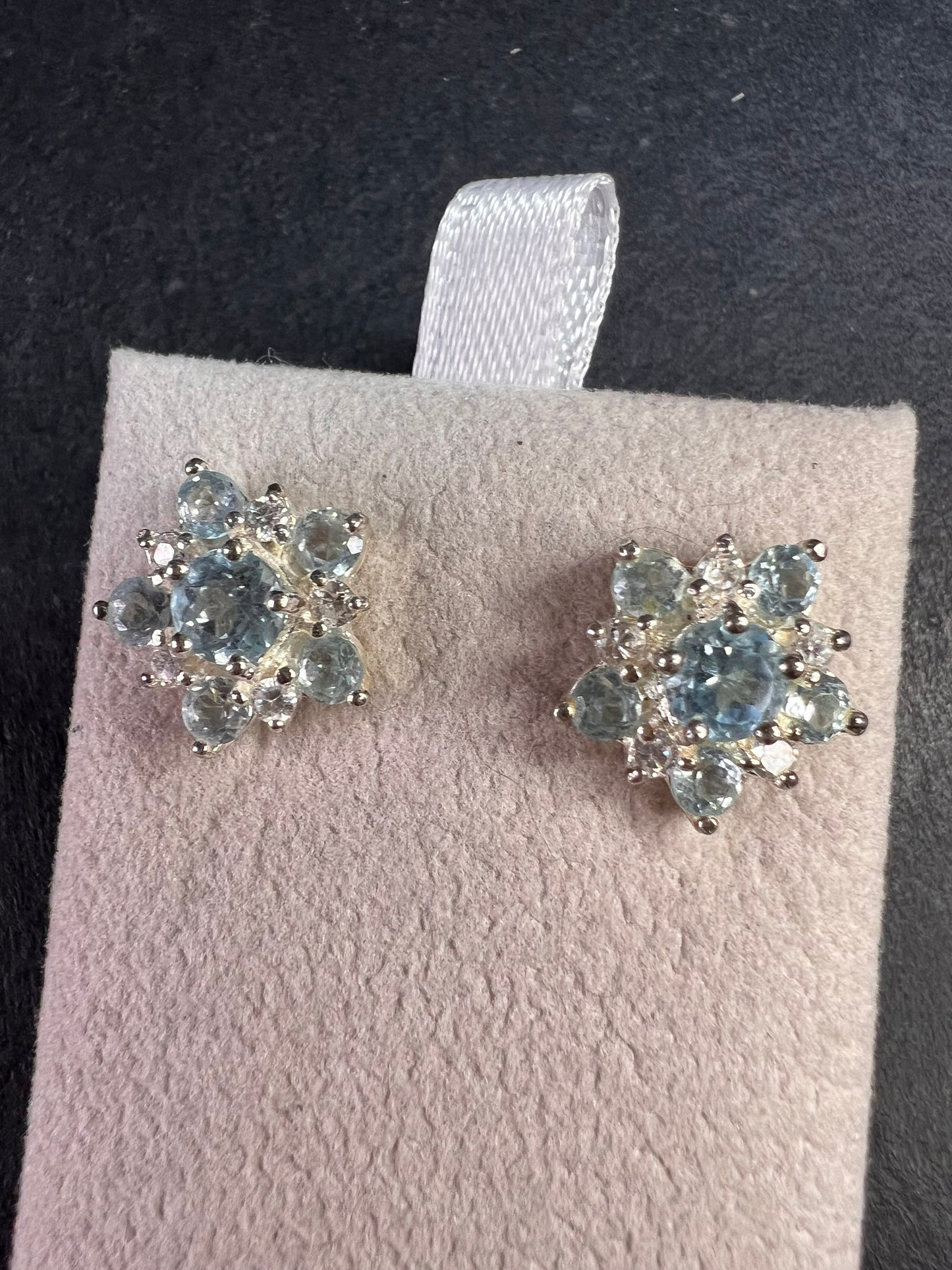 Vintage blue topaz and cz sterling silver snowflake stud earrings