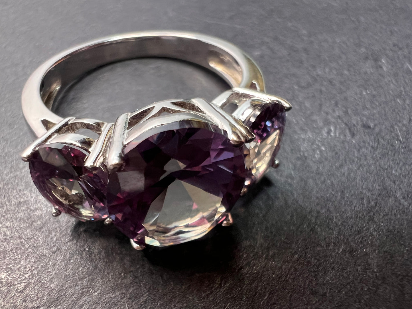 Lab created alexandrite trilogy ring in rhodium over sterling silver size 9