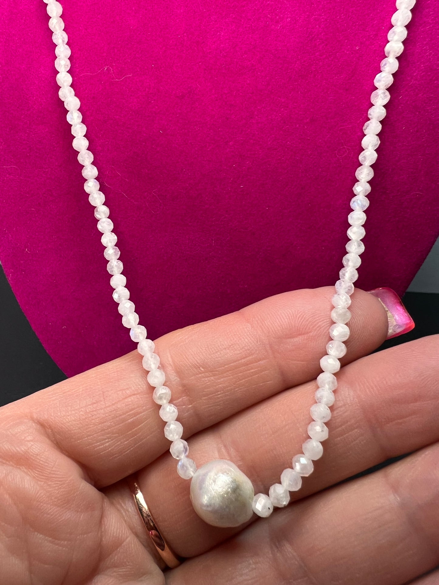 Rainbow moonstone and pearl necklace with sterling silver clasp