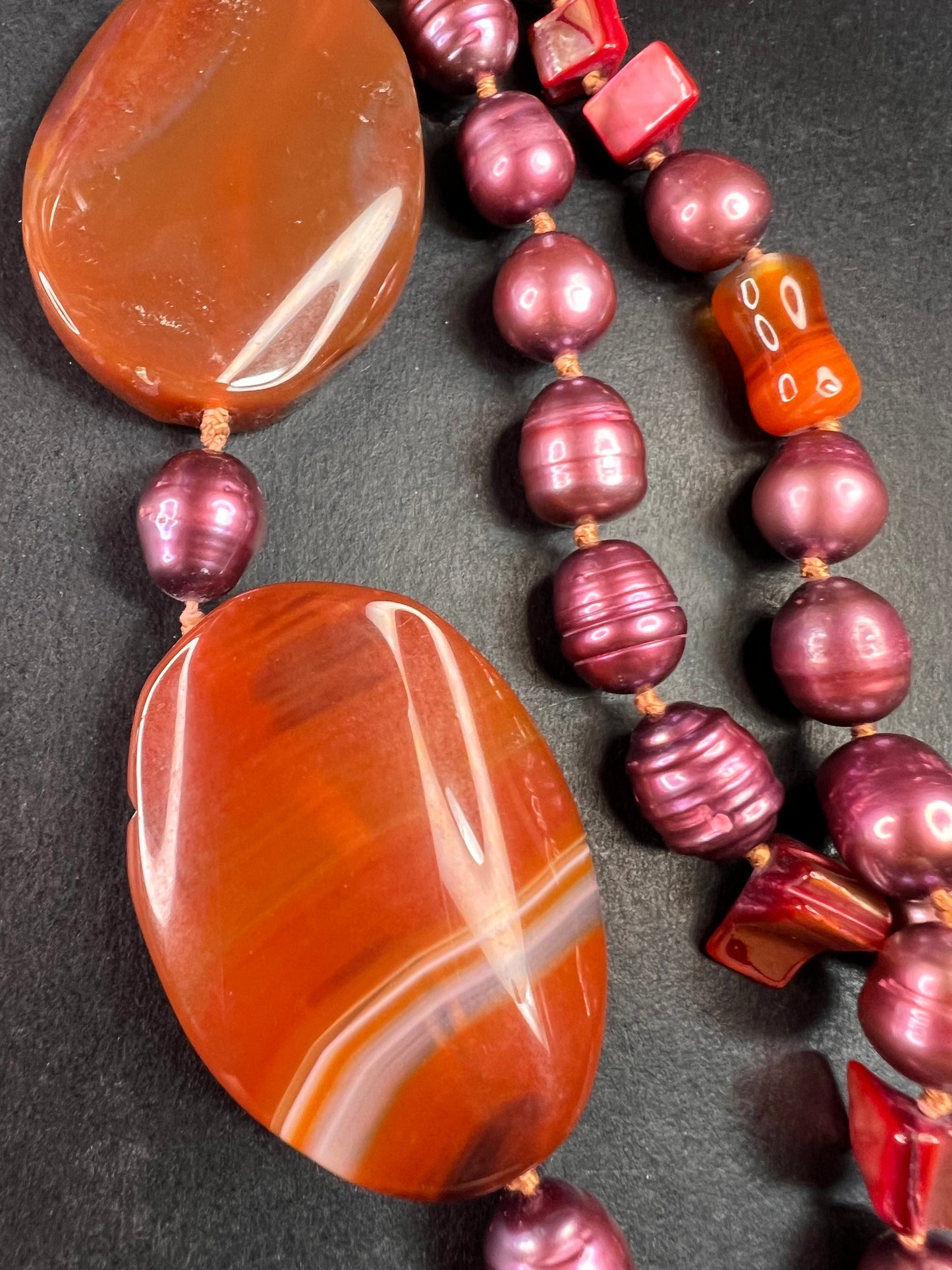 NEW carnelian and freshwater pearl multi strand necklace with sterling silver clasp