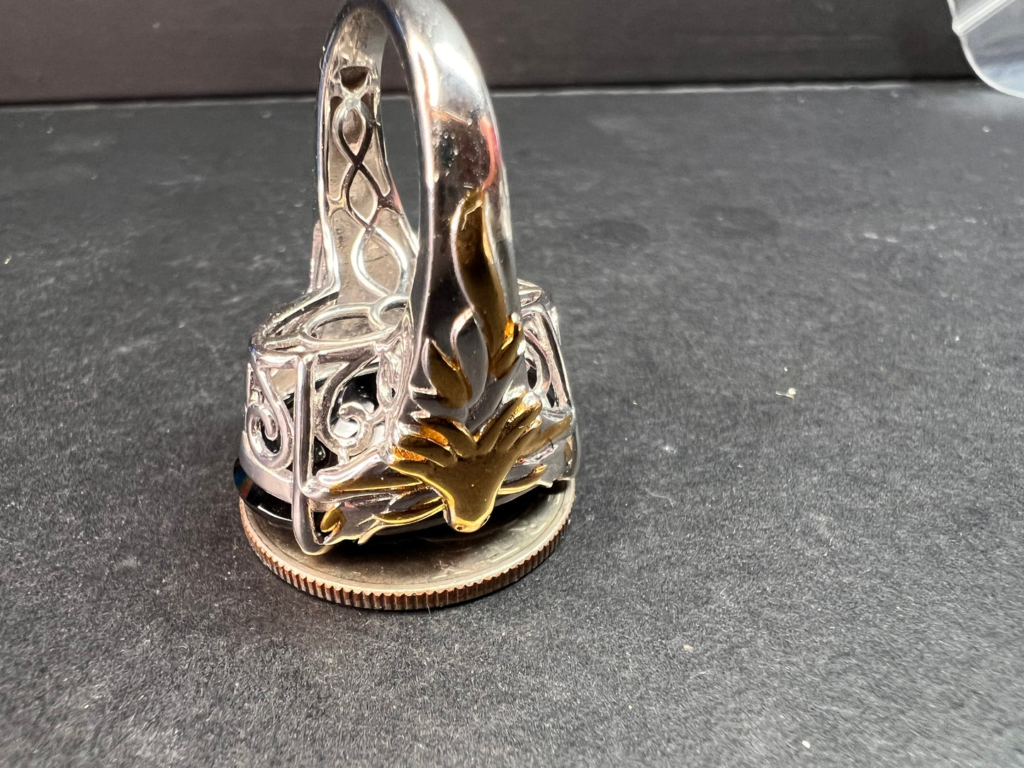 NEW Black spinel Phoenix ring in rhodium and gold vermeil over sterling silver size 7