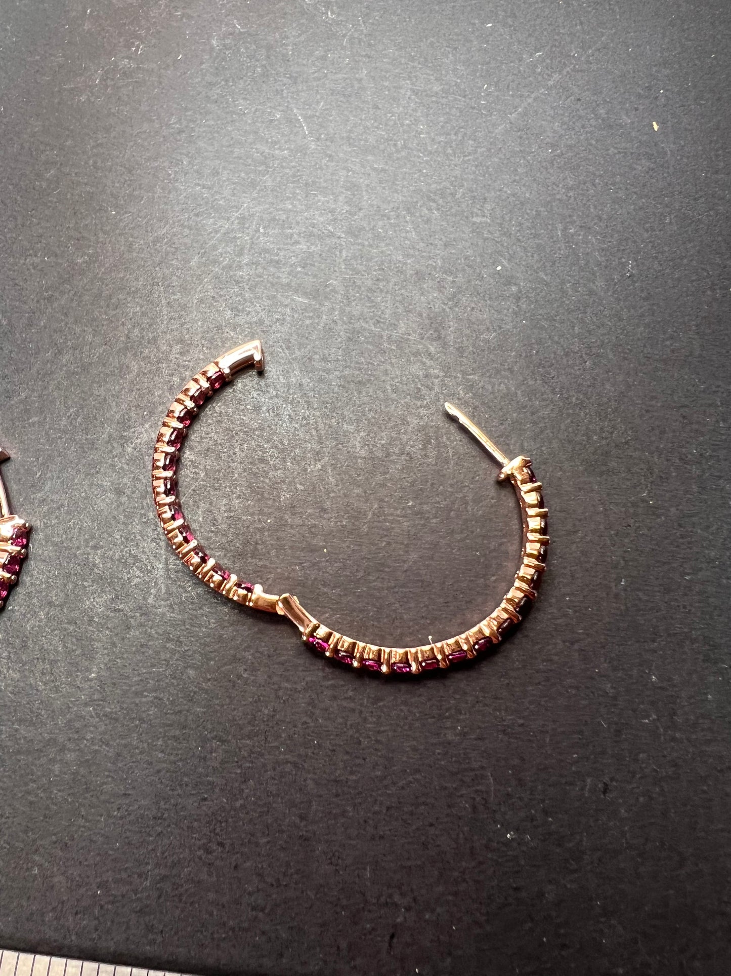 Raspberry rhodolite garnet inside out hoop rose gold over sterling silver earrings