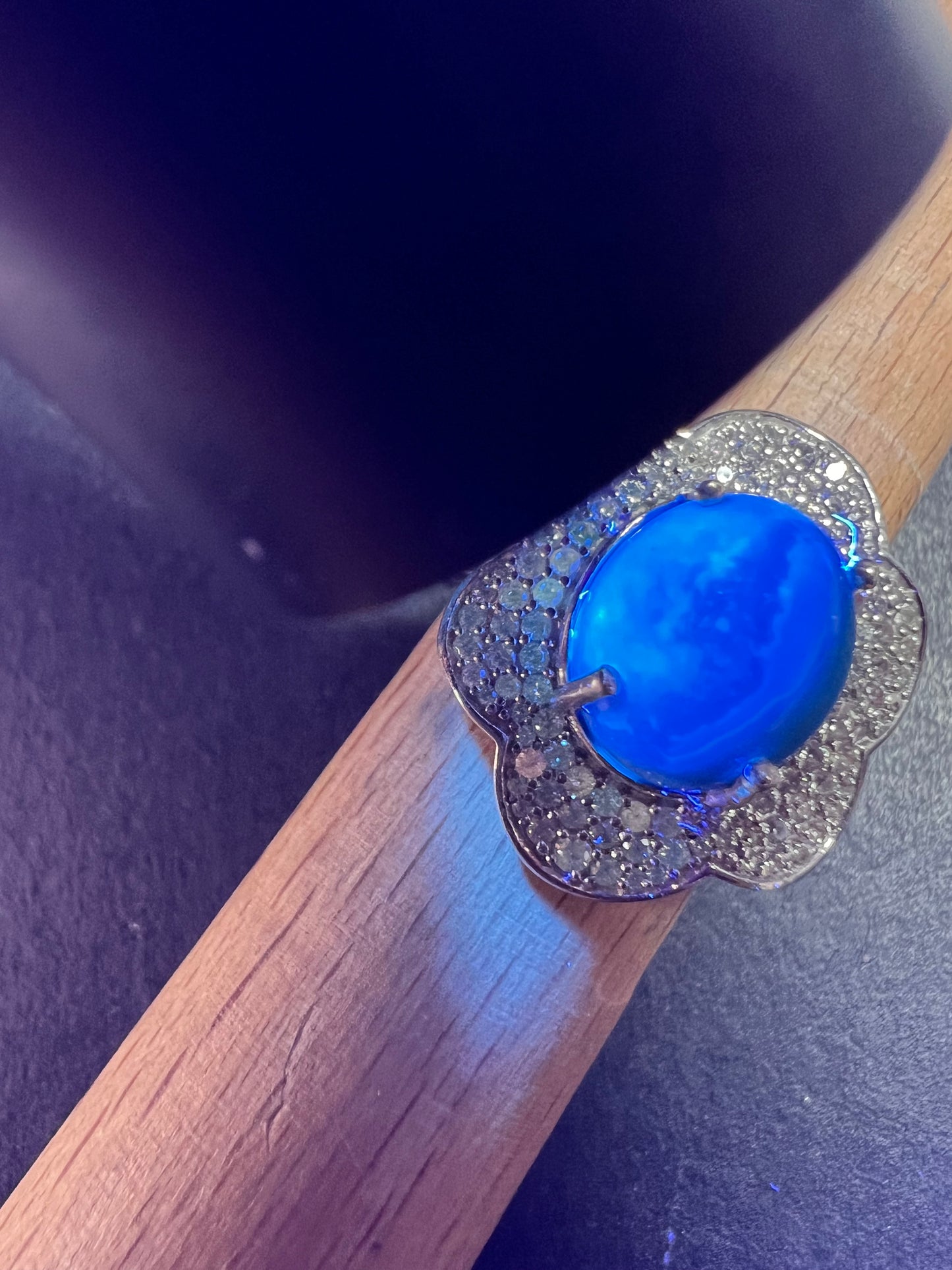 NEW Ceruleite and zircon blossom ring in rhodium over sterling silver size 8