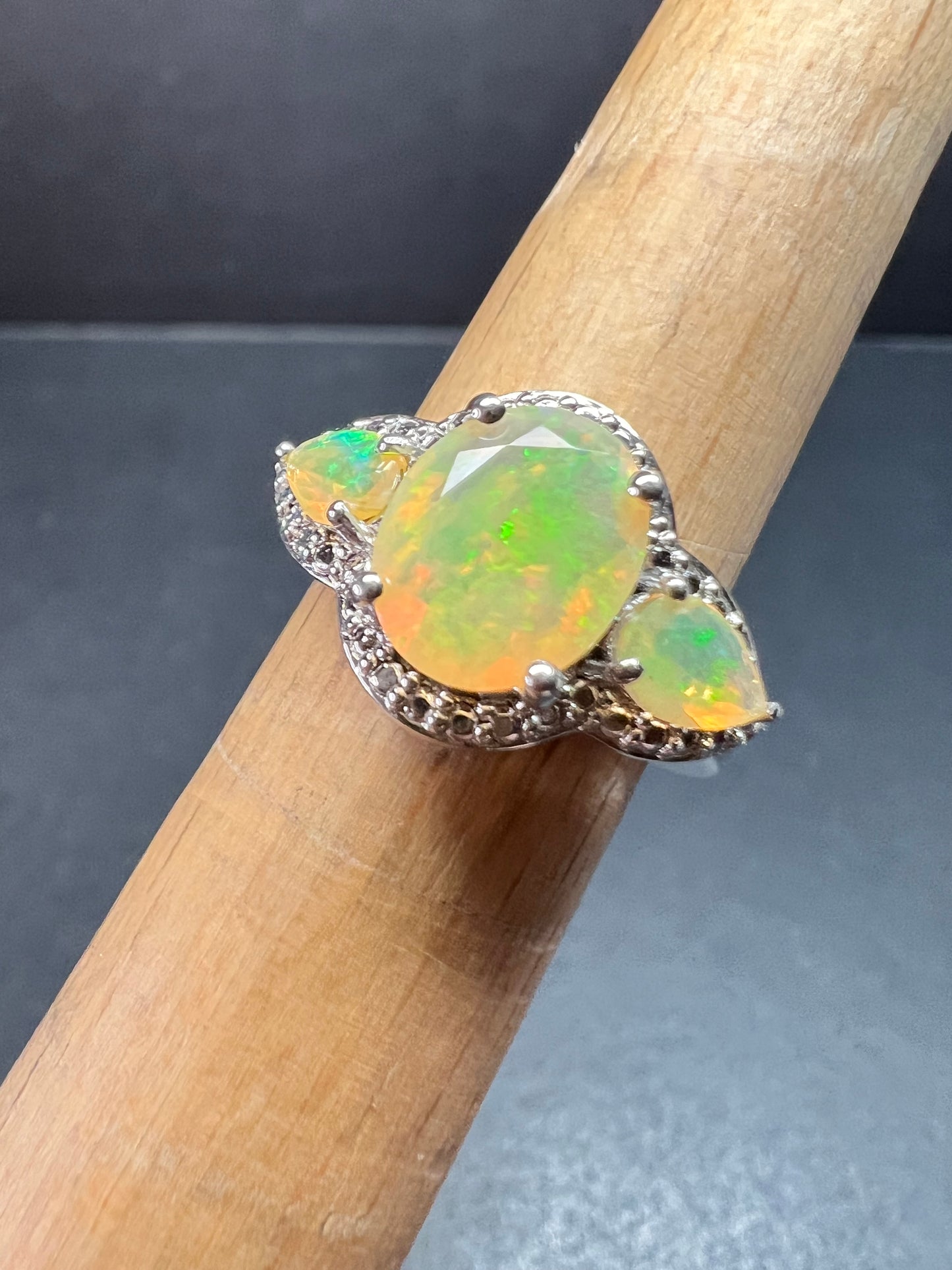 Ethiopian Opal Sterling Silver Halo Ring Size 6