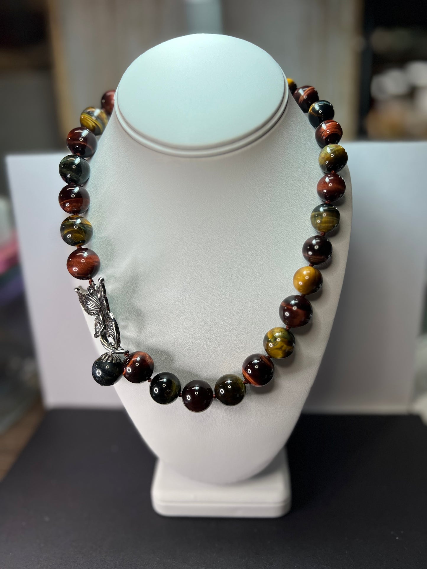 Multi tigers eye beaded knotted necklace with stainless steel toggle clasp