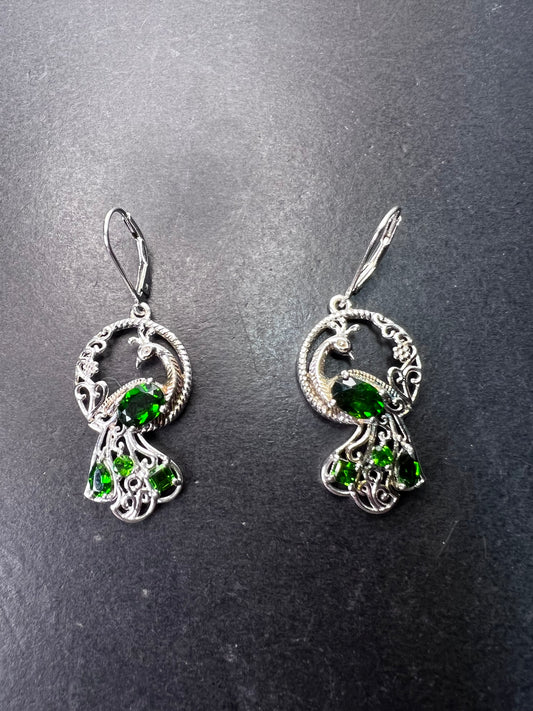 Chrome diopside sterling silver peacock dangle earrings