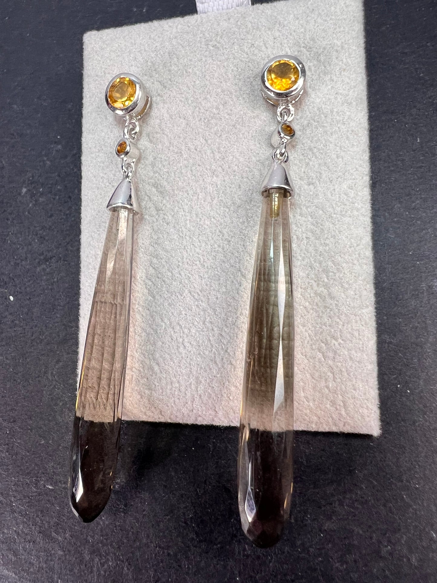 Smoky quartz and citrine sterling silver long dangle earrings