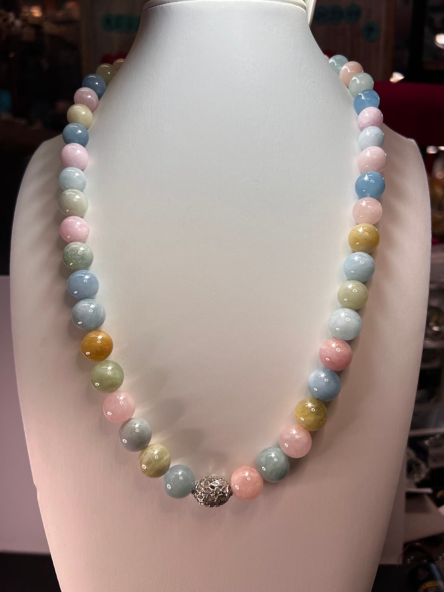 Mixed beryl morganite aquamarine graduated necklace with polki diamonds In sterling silver 22 inches