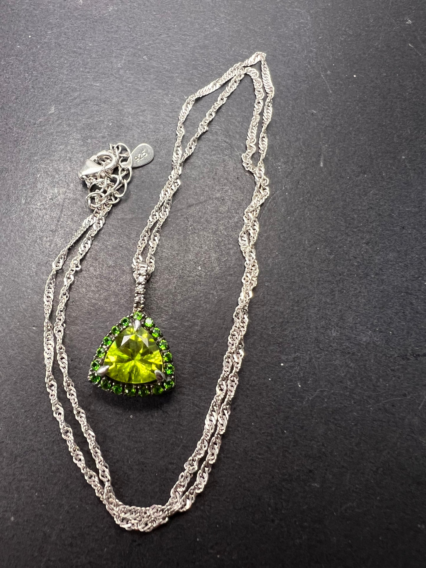 Trillium cut peridot and chrome diopside halo pendant and chain sterling silver necklace