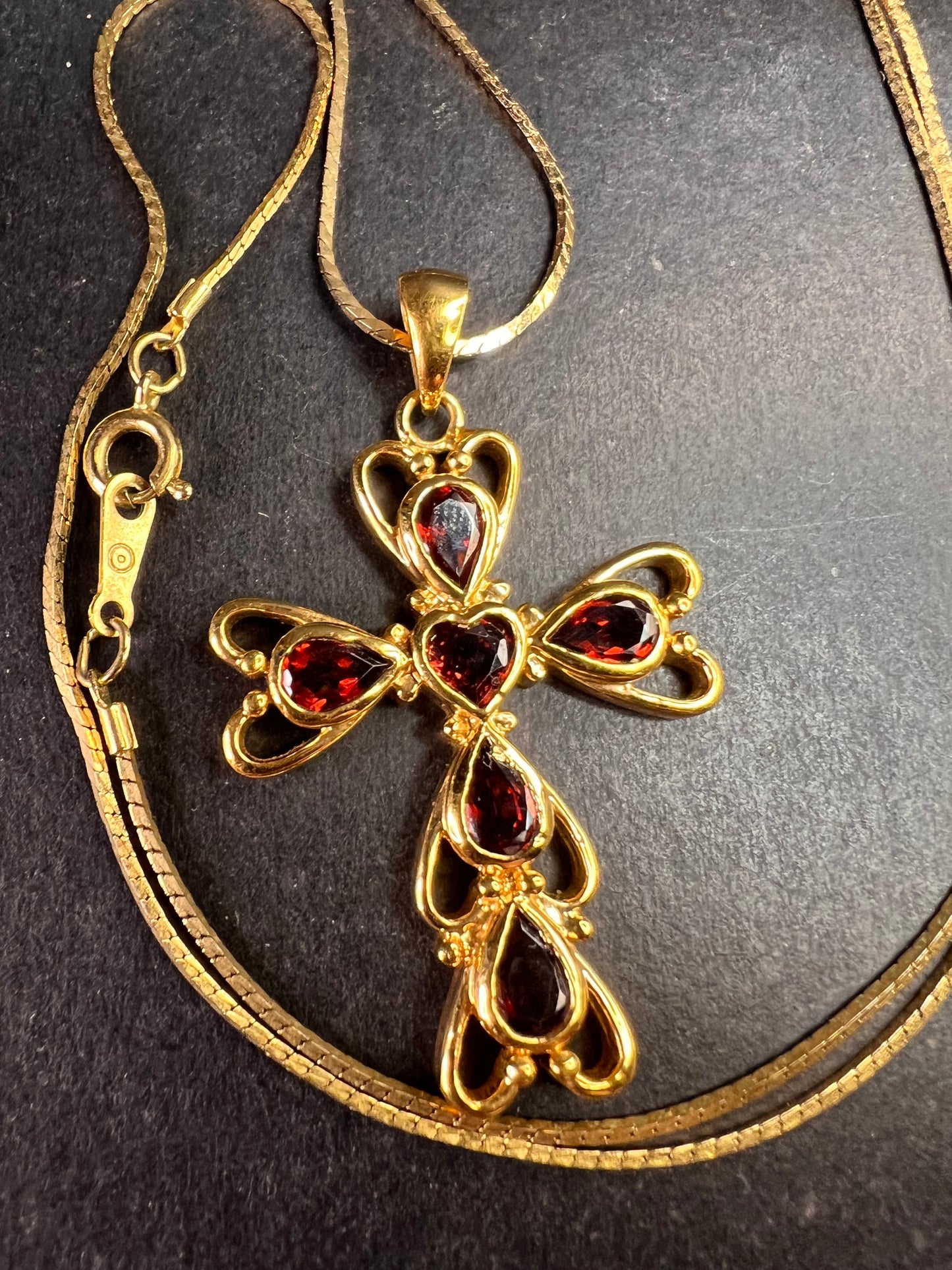 Vintage SETA Garnet Cross Pendant Necklace Gold Tone 24”