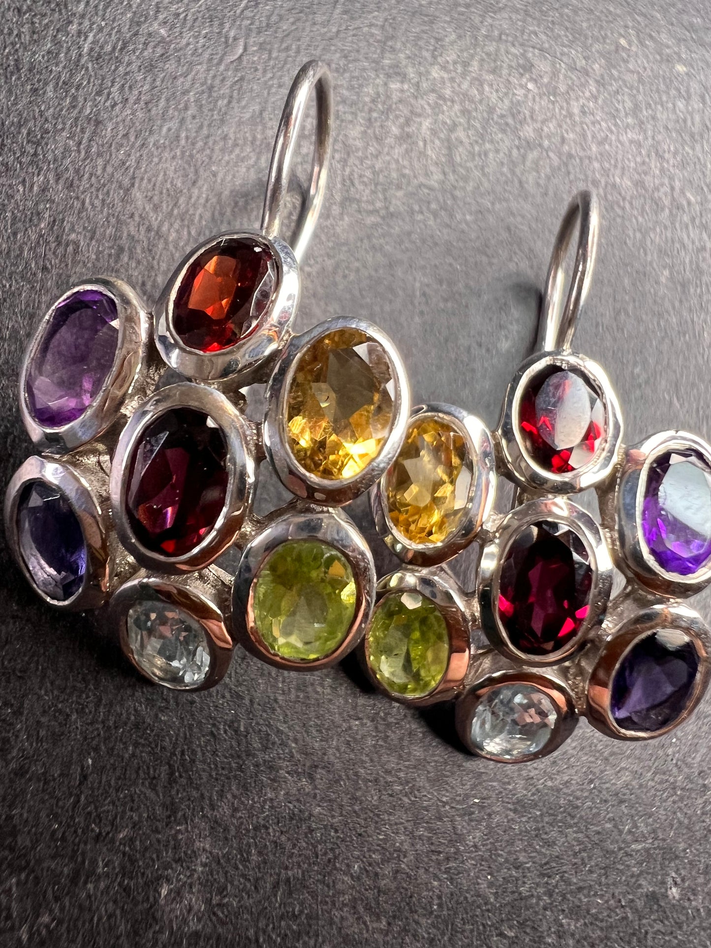 Vintage multi gemstone cluster boho earrings in sterling silver