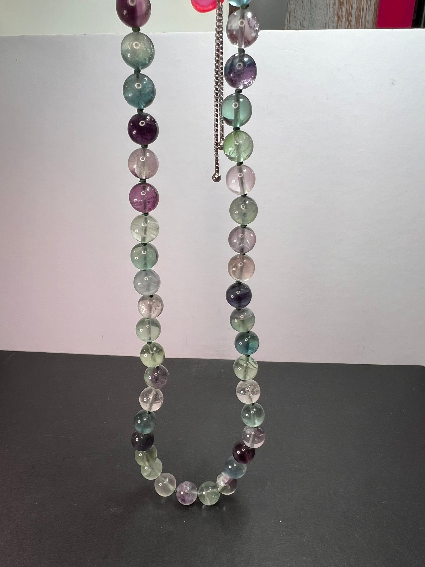 Fluorite knotted beaded bolo necklace with sterling silver magnetic clasp