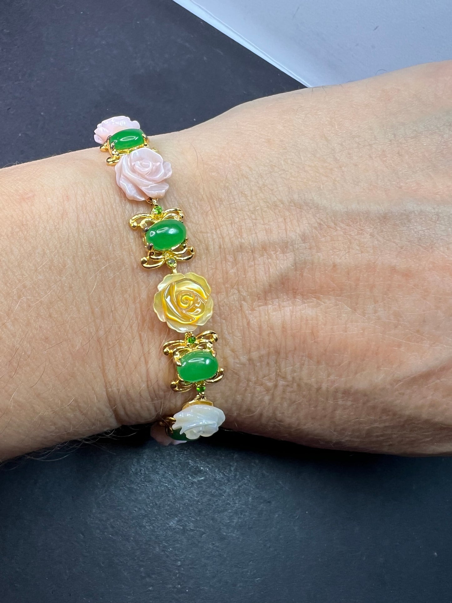 Mother of pearl roses , jade and chrome diopside bracelet in gold over sterling silver 7.5 inches