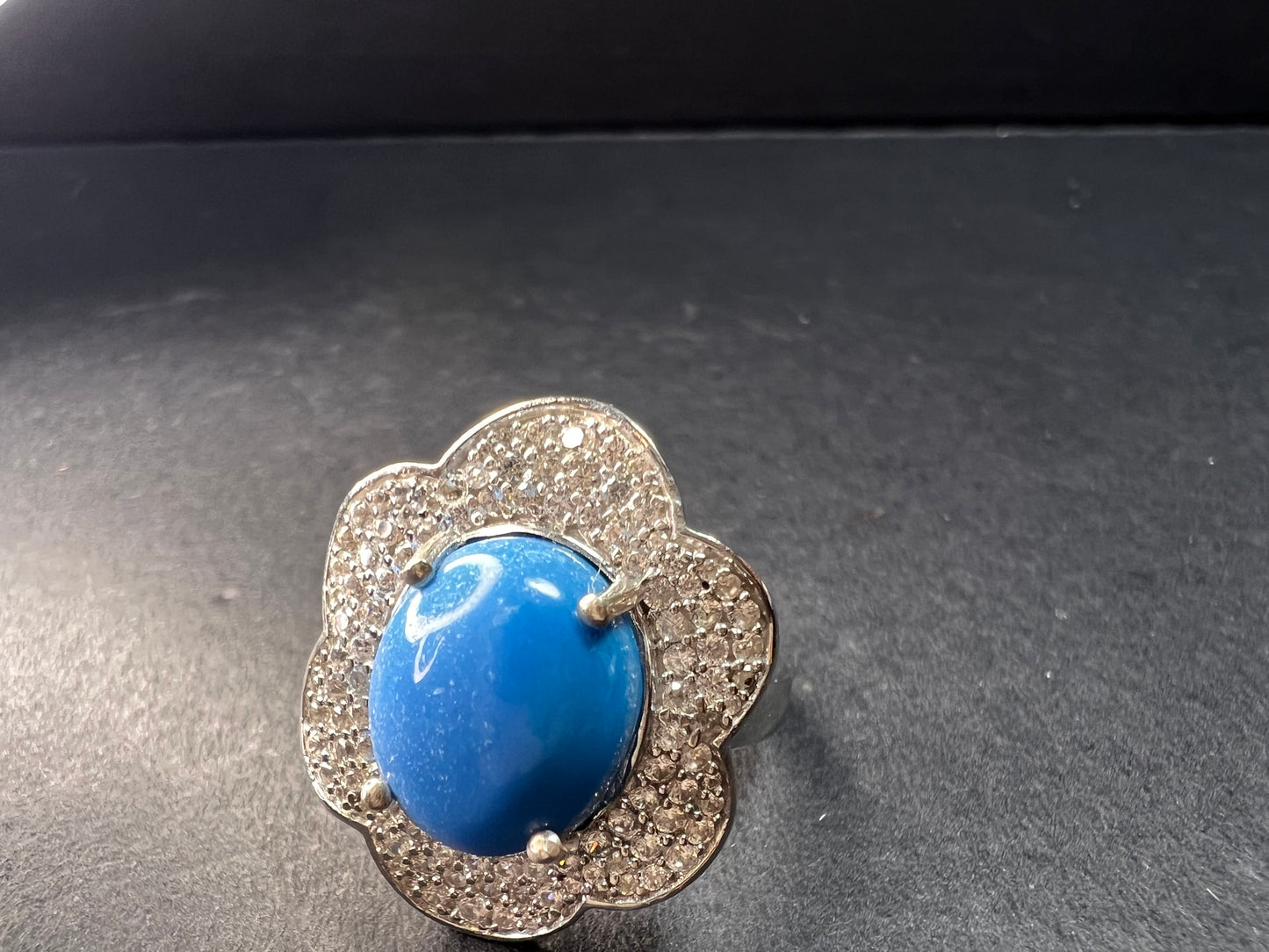 NEW Ceruleite and zircon blossom ring in rhodium over sterling silver size 8