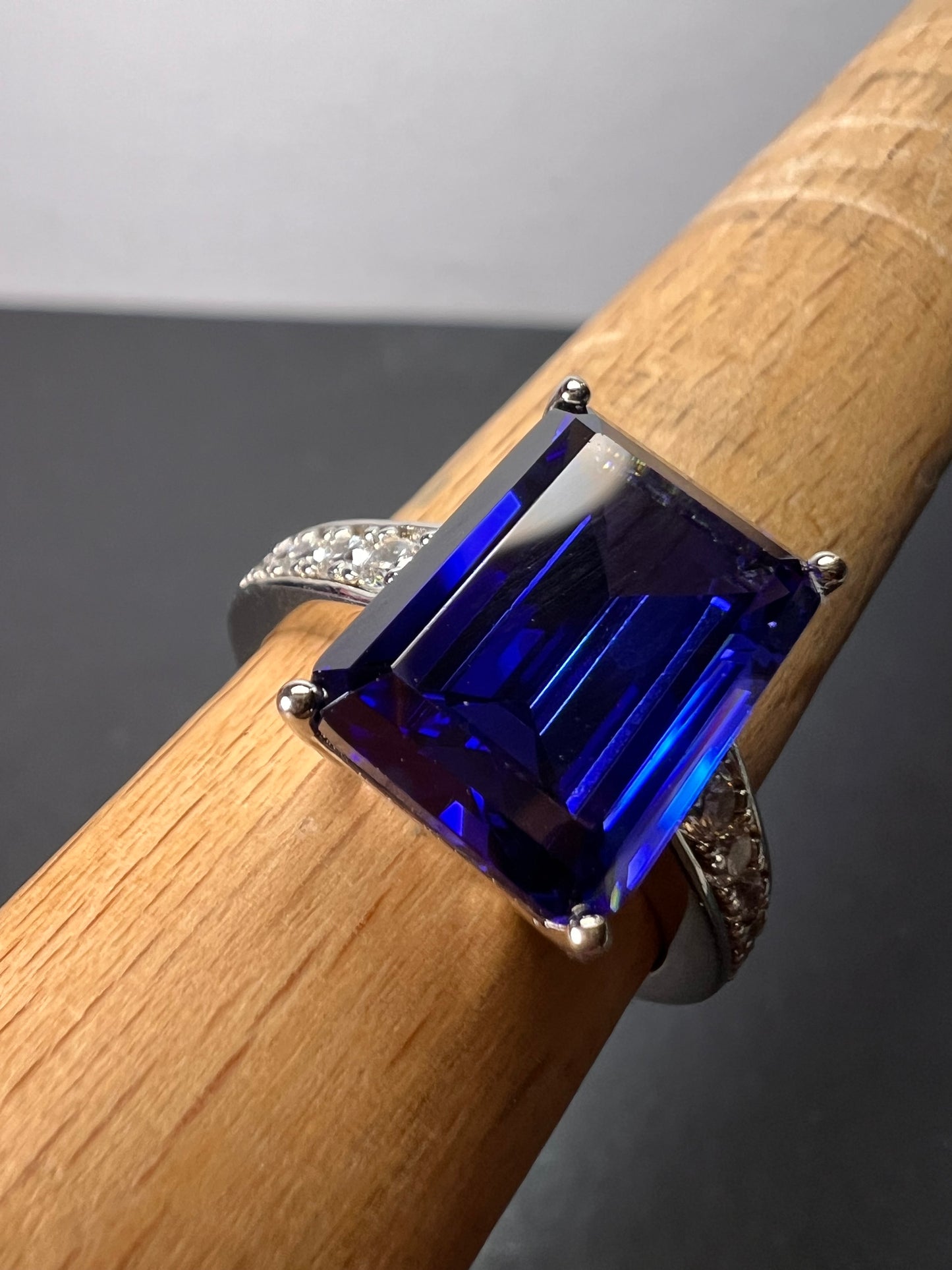 Emerald cut blue and white CZ sterling silver engagement ring 9.20 ctw size 9