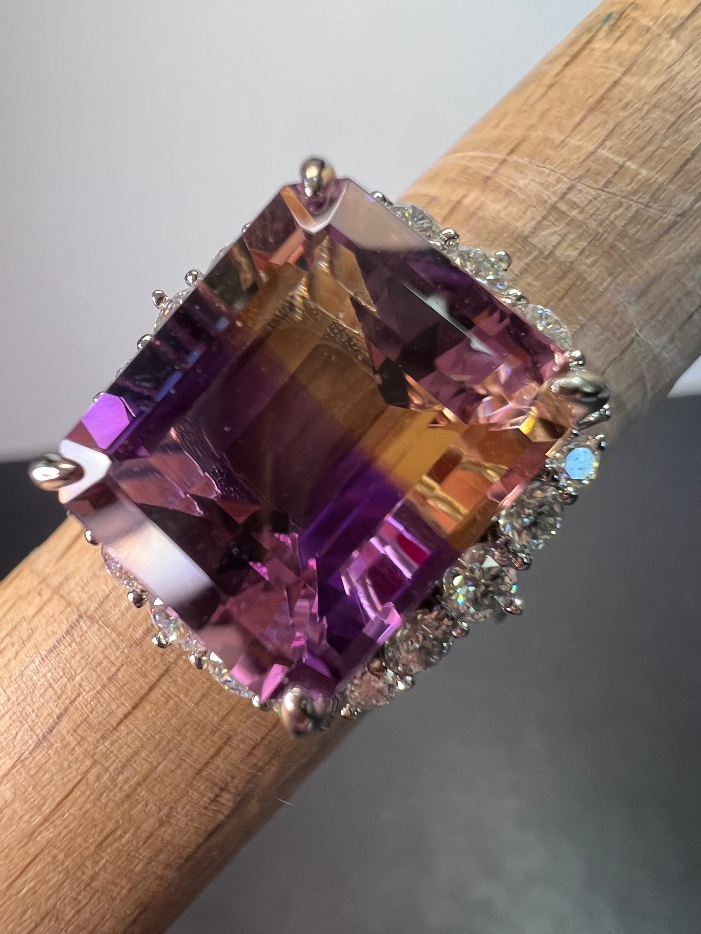 Ametrine and moissanite halo ring in rhodium over sterling silver size 8