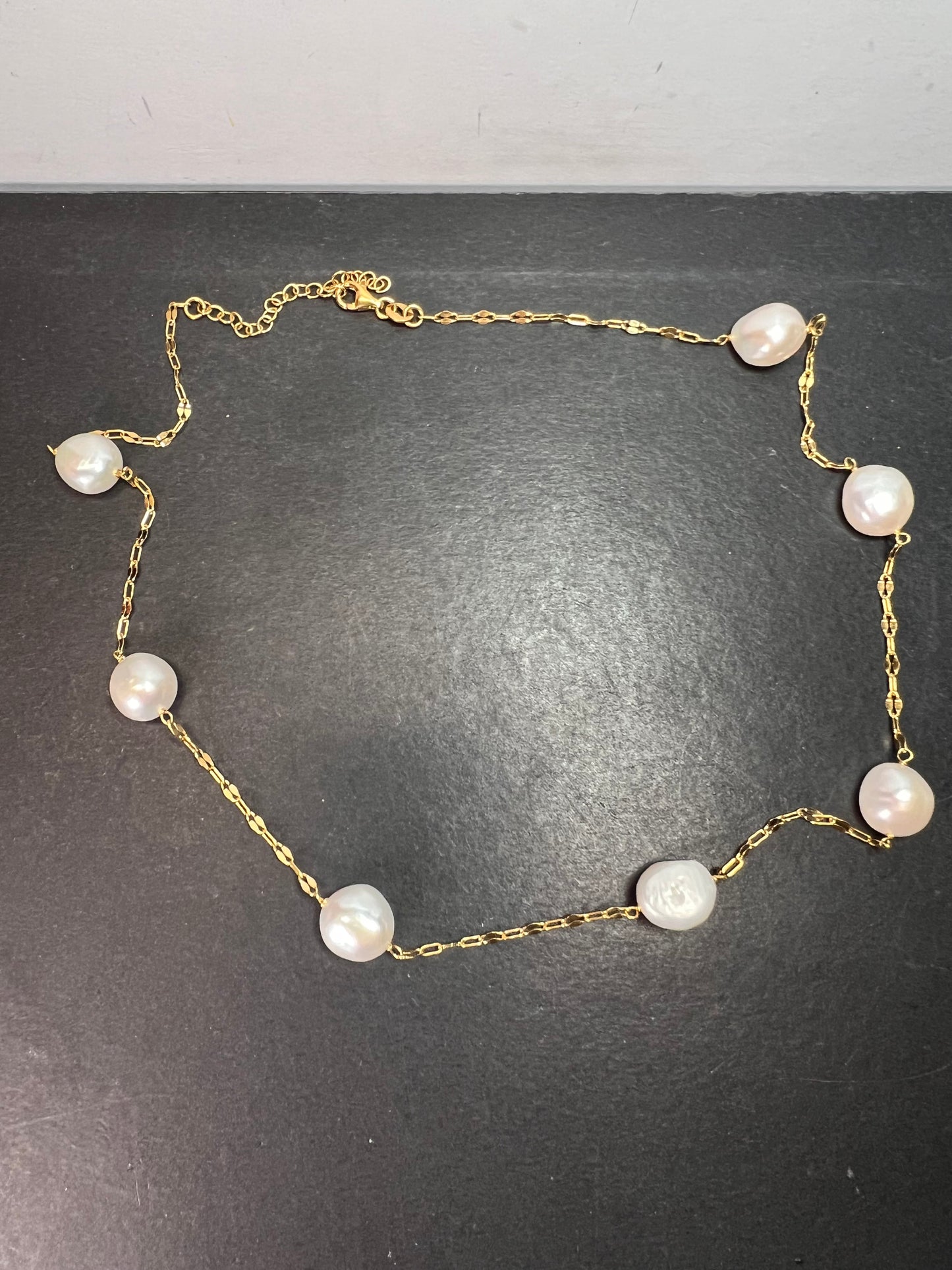 White Cultured Freshwater Pearl 18k Yellow Gold Over Sterling Silver Station Necklace